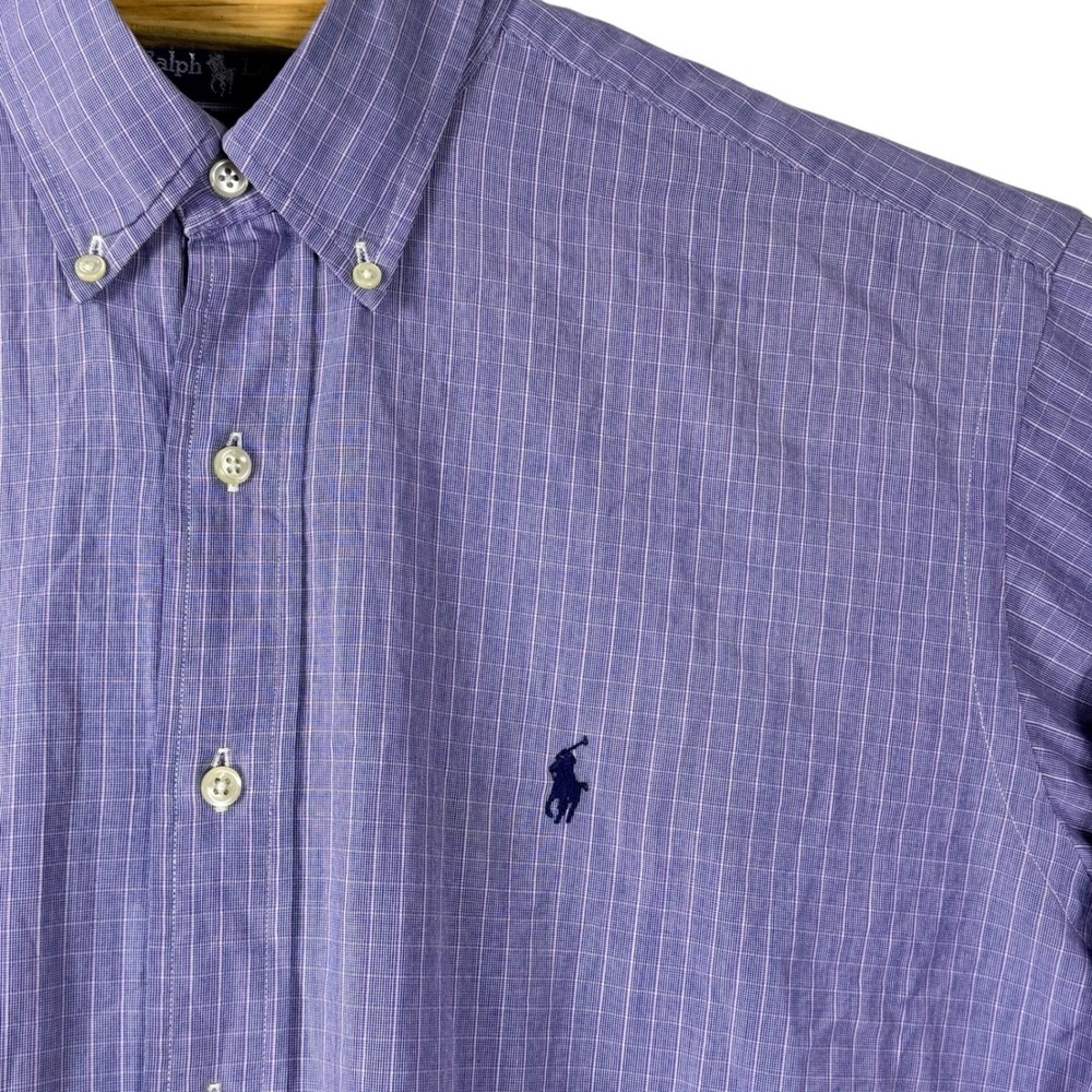 Vintage Ralph Lauren Yarmouth Button Down Shirt Mens Large 16 Purple Check Pony